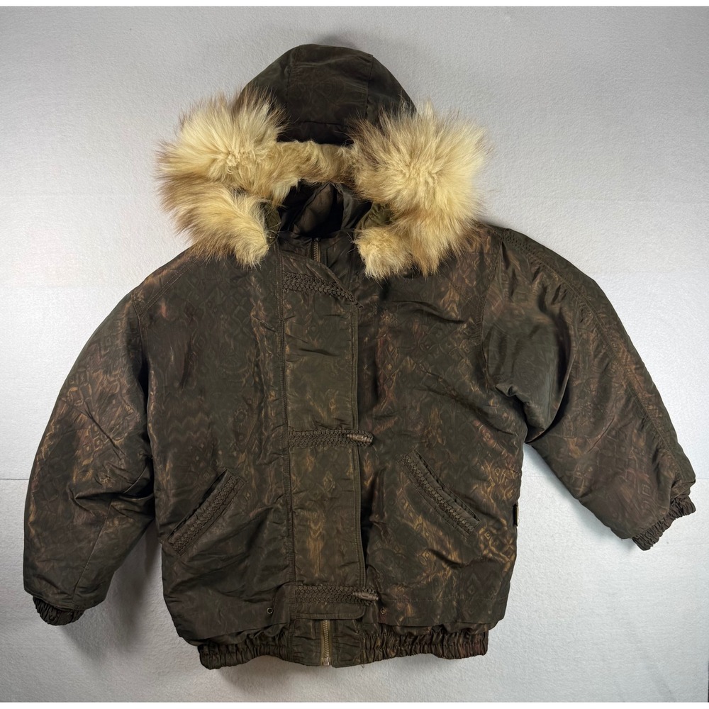 Vintage Innovations by Izzi Puffer Jacket Brown Ikat Fox Fur Trim Hood Medium